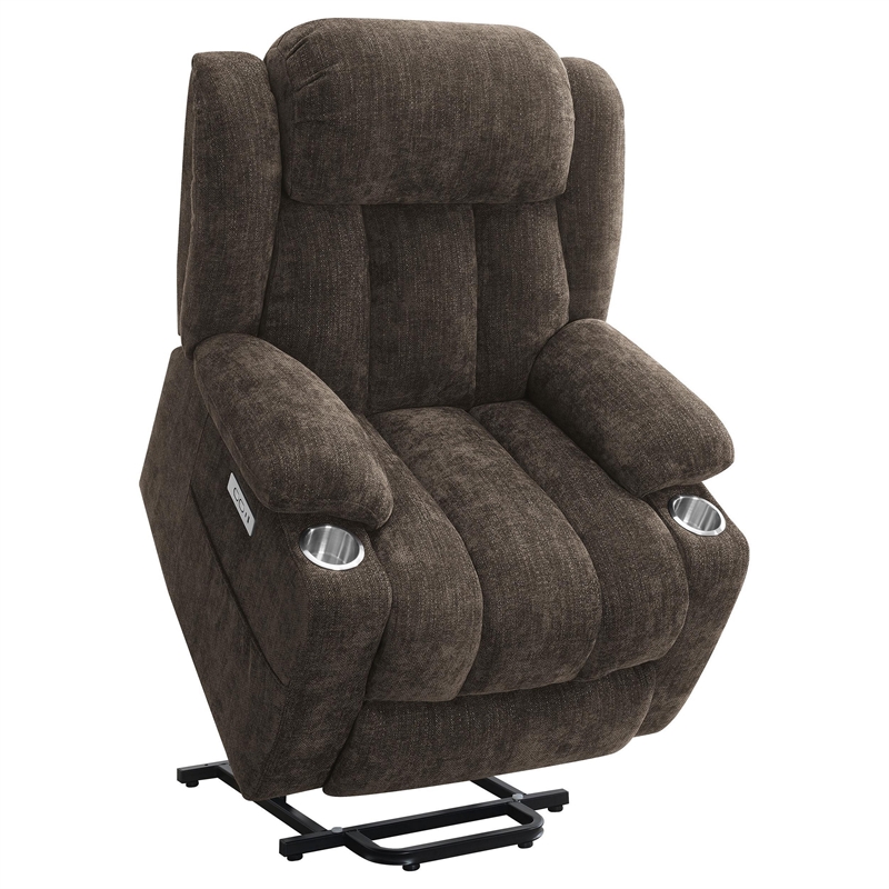 Benjara Limi Power Lift Recliner Chair- Dark Brown- USB Port- Cupholders