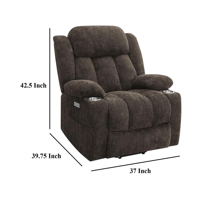 Benjara Limi Power Lift Recliner Chair- Dark Brown- USB Port- Cupholders