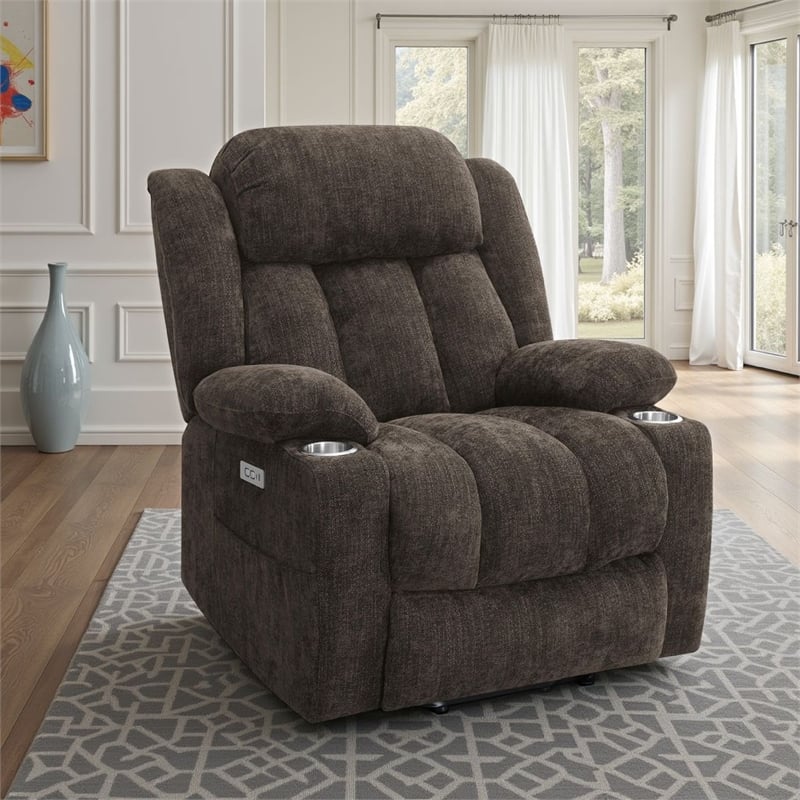 Benjara Limi Power Lift Recliner Chair- Dark Brown- USB Port- Cupholders