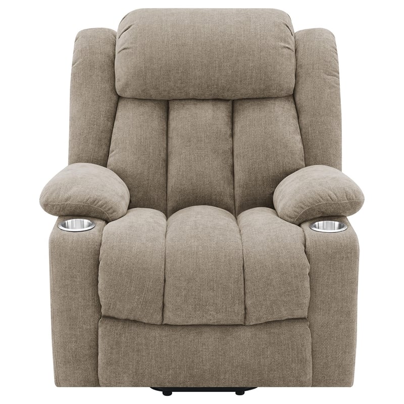 Benjara Limi Power Lift Recliner Chair- Camel Brown- USB Port- Cupholders