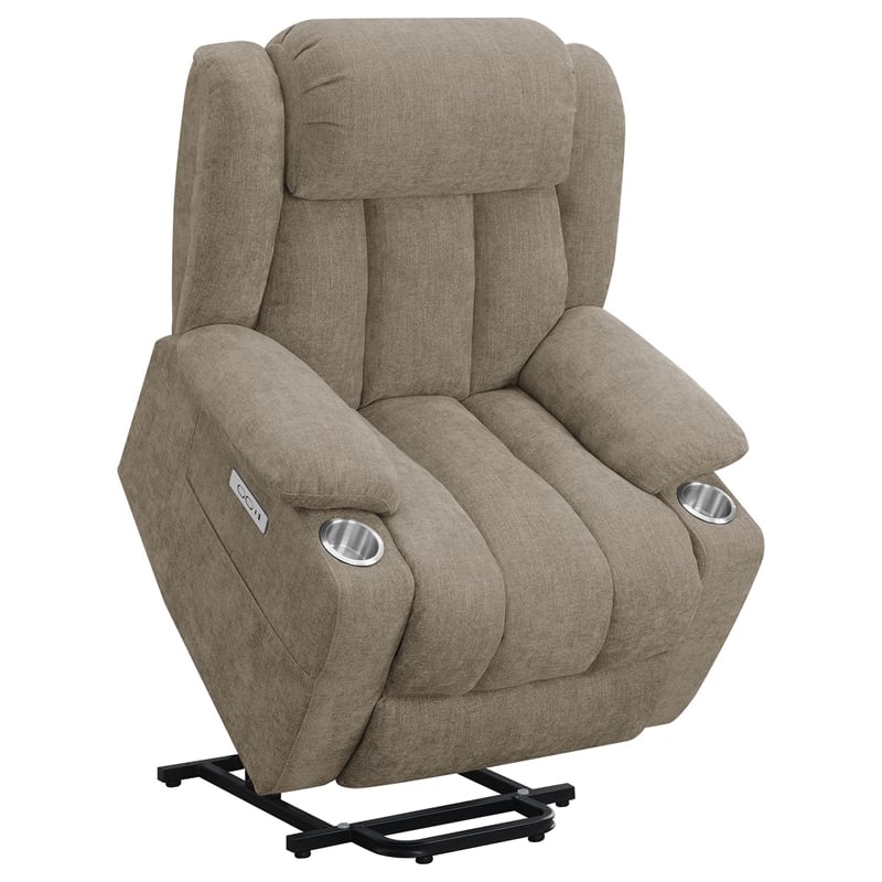 Benjara Limi Power Lift Recliner Chair- Camel Brown- USB Port- Cupholders