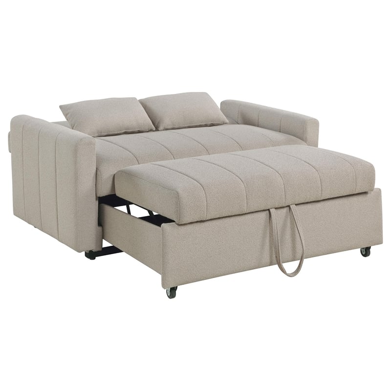 Benjara Porta Sleeper Sofa Bed- Latte Ivory Boucle Fabric- Full Size- 60 Inch