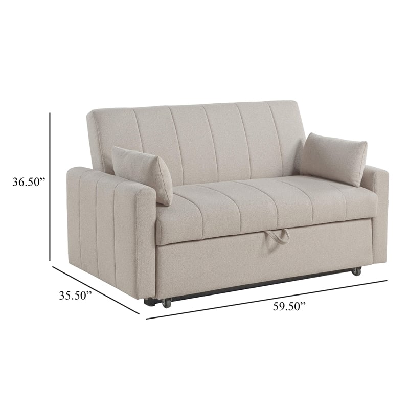 Benjara Porta Sleeper Sofa Bed- Latte Ivory Boucle Fabric- Full Size- 60 Inch