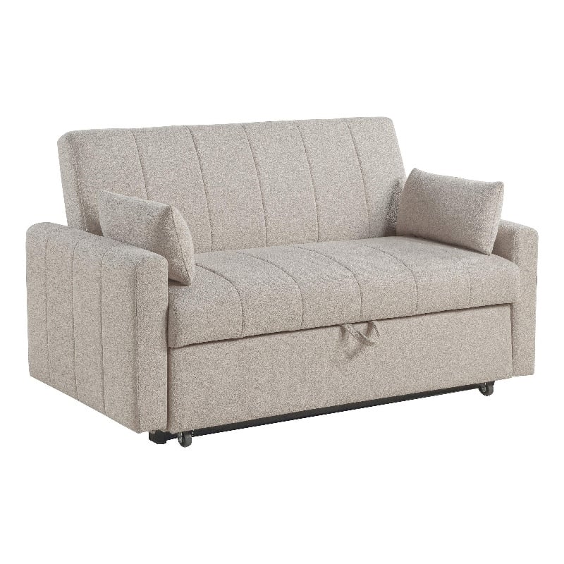 Benjara Porta Sleeper Sofa Bed- Latte Ivory Boucle Fabric- Full Size- 60 Inch