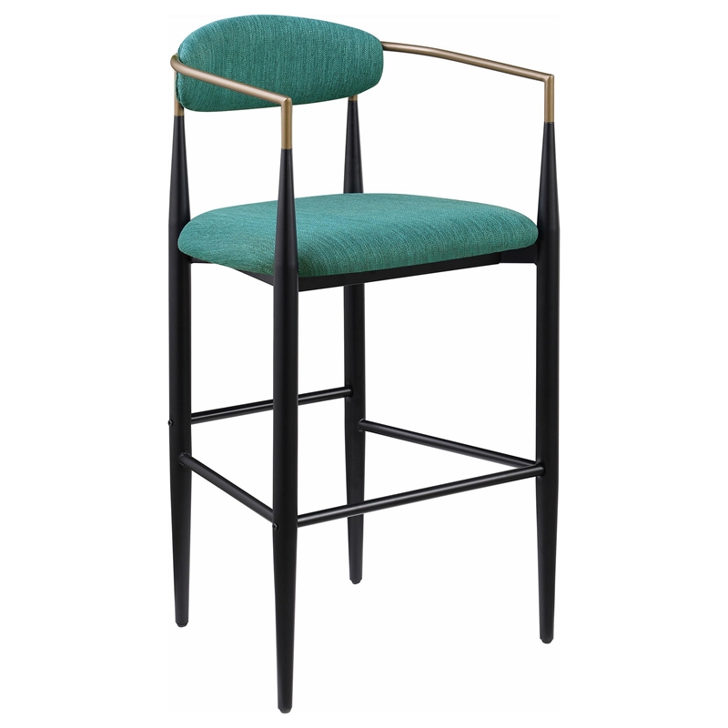 Benjara Tiara Bar Chair Set of 2- Teal Green Fabric- Gold- Black Metal 30 Inch