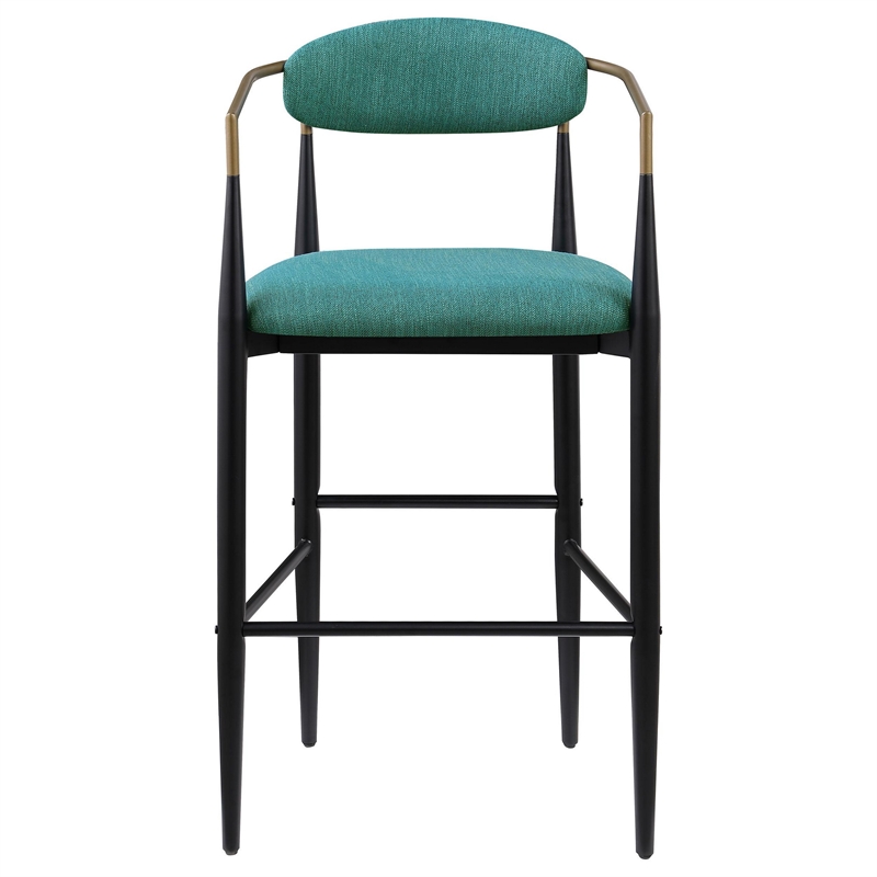 Benjara Tiara Bar Chair Set of 2- Teal Green Fabric- Gold- Black Metal 30 Inch