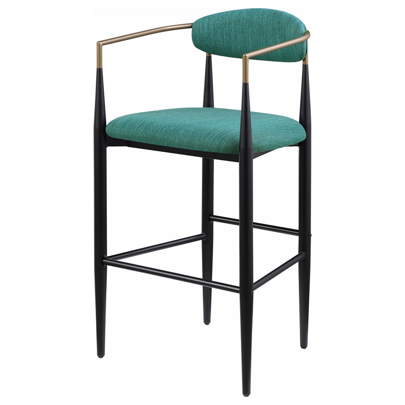 Benjara Tiara Bar Chair Set of 2- Teal Green Fabric- Gold- Black Metal 30 Inch