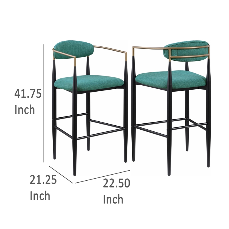 Benjara Tiara Bar Chair Set of 2- Teal Green Fabric- Gold- Black Metal 30 Inch