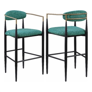 Benjara Tiara Bar Chair Set of 2- Teal Green Fabric- Gold- Black Metal 30 Inch