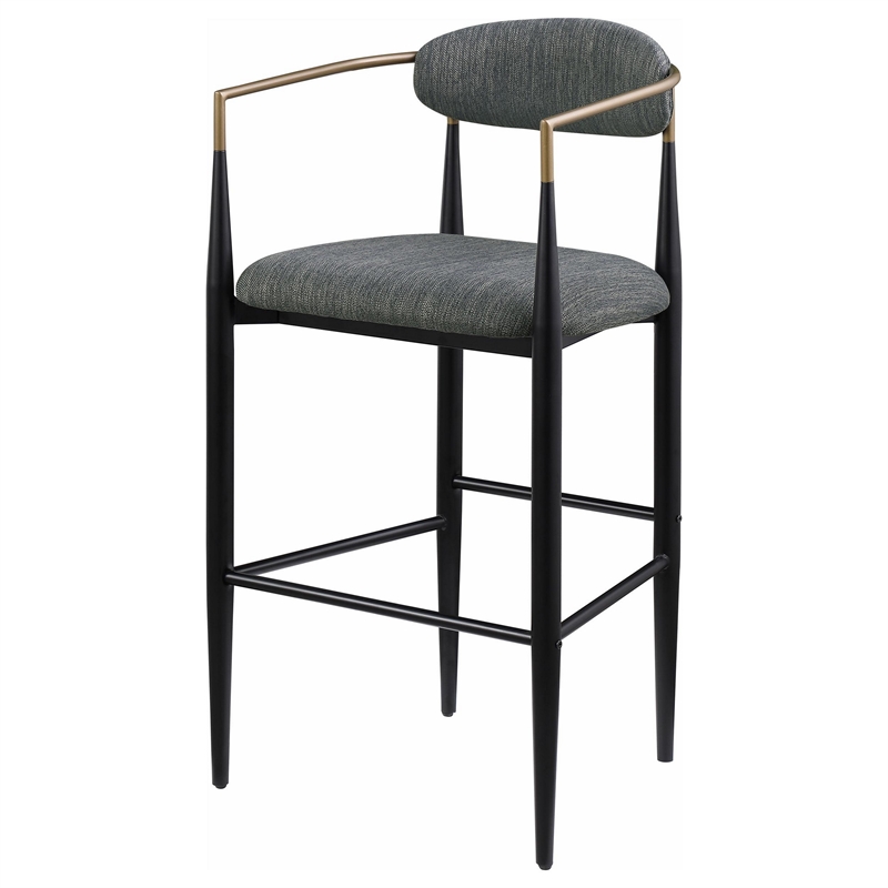 Benjara Tiara Bar Chair Set of 2- Gray Fabric- Gold- Black Metal 30 Inch