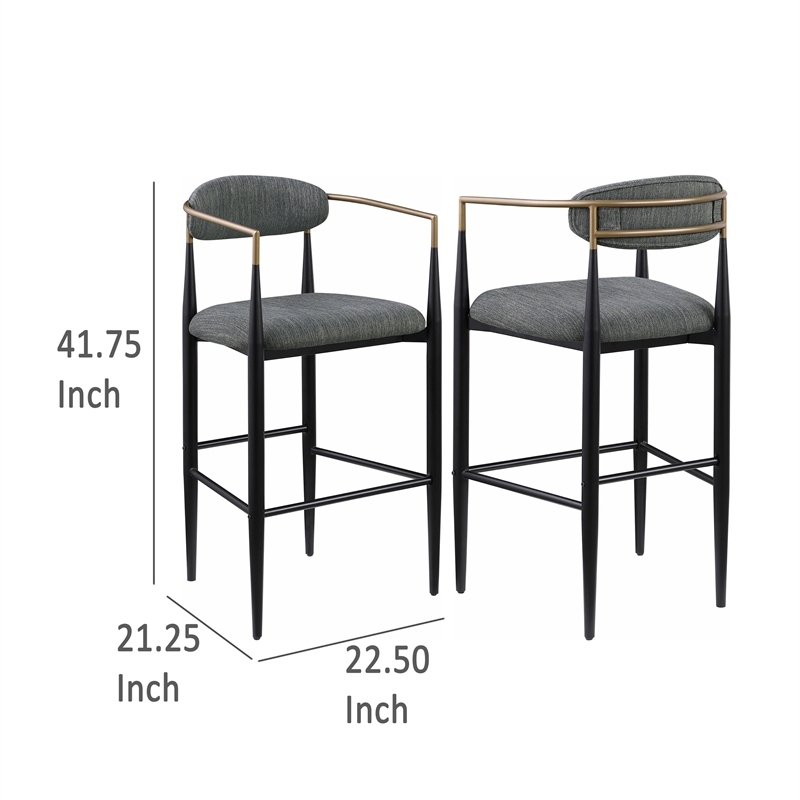 Benjara Tiara Bar Chair Set of 2- Gray Fabric- Gold- Black Metal 30 Inch