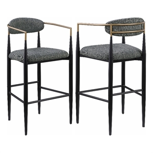 Benjara Tiara Bar Chair Set of 2- Gray Fabric- Gold- Black Metal 30 Inch