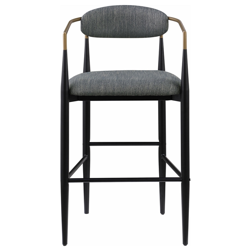 Benjara Tiara Bar Chair Set of 2- Gray Fabric- Gold- Black Metal 30 Inch
