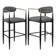 Benjara Tiara Bar Chair Set of 2- Gray Fabric- Gold- Black Metal 30 Inch