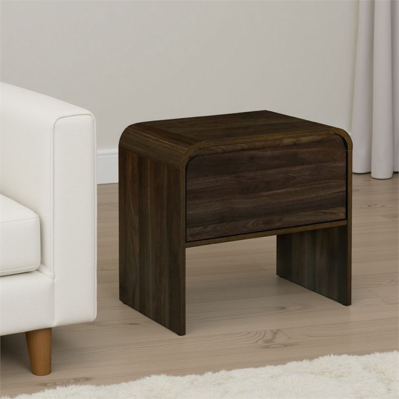Benjara Maria Side End Table- Drawer and Waterfall Style- Brown Wood 22 Inch
