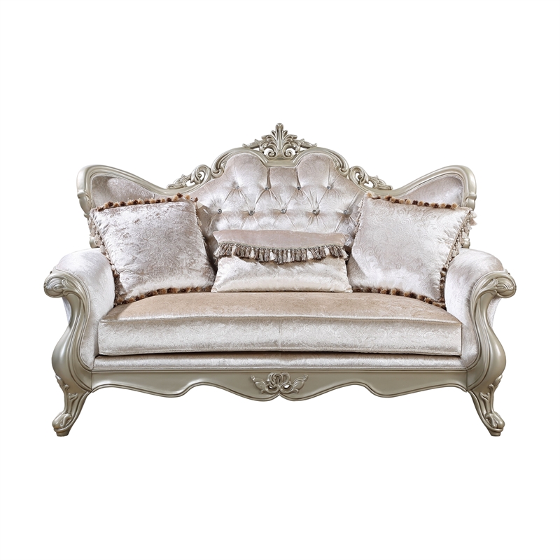 Benjara Kerra Loveseat with Accent Pillow- Classic Beige Fleur De Lis 72 Inch