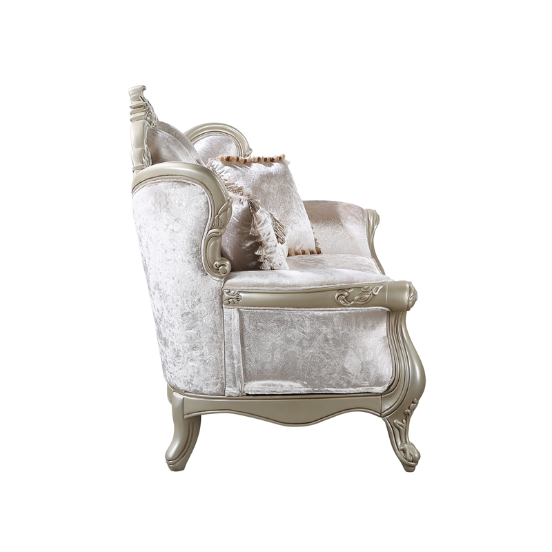 Benjara Kerra Loveseat with Accent Pillow- Classic Beige Fleur De Lis 72 Inch