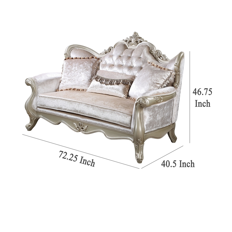 Benjara Kerra Loveseat with Accent Pillow- Classic Beige Fleur De Lis 72 Inch