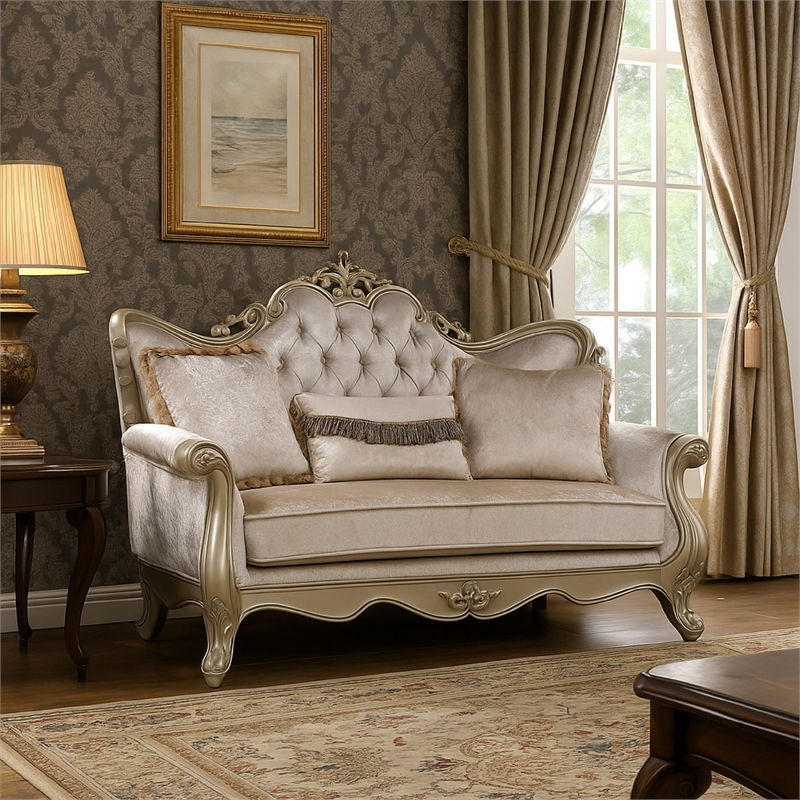 Benjara Kerra Loveseat with Accent Pillow- Classic Beige Fleur De Lis 72 Inch