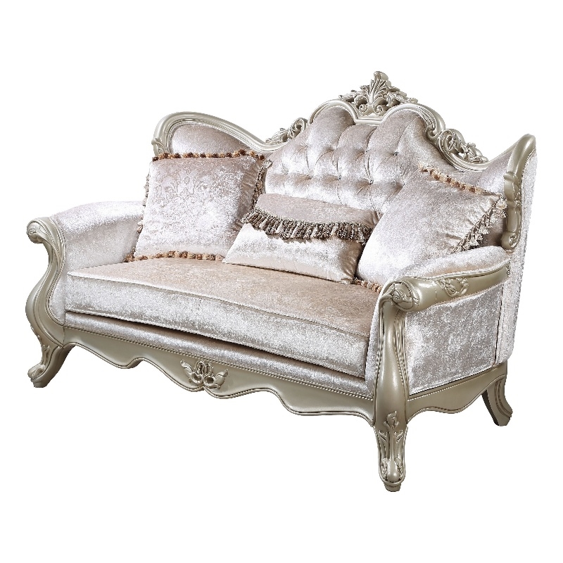 Benjara Kerra Loveseat with Accent Pillow- Classic Beige Fleur De Lis 72 Inch