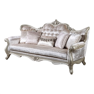 Benjara Kerra Sofa with Accent Pillows- Beige Fleur De Lis Velveteen 97 Inch