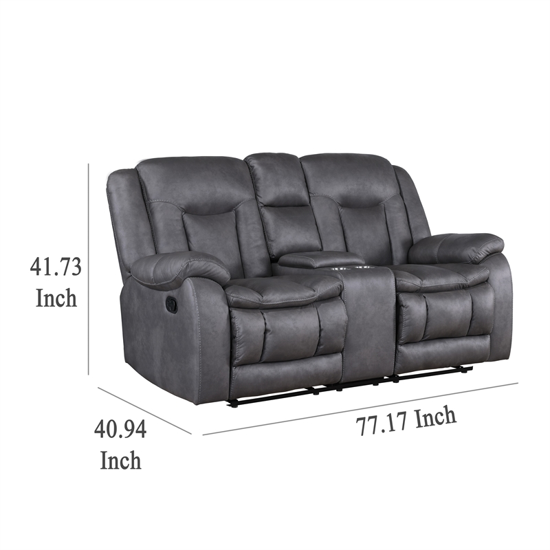 Benjara Olaf Dual Manual Recliner Loveseat- Dark Gray Faux Leather 77 Inch