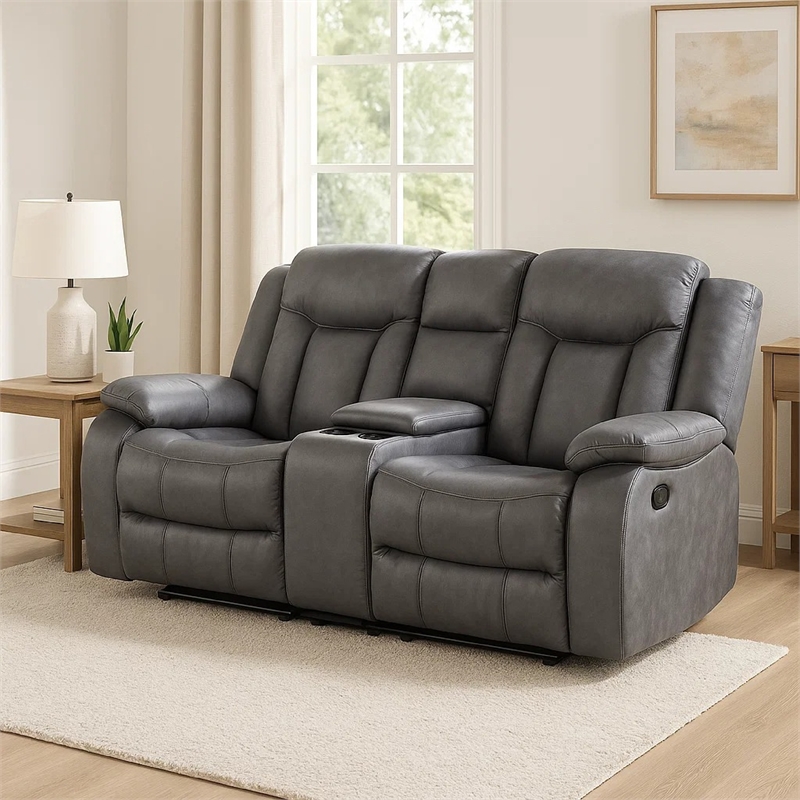 Benjara Olaf Dual Manual Recliner Loveseat- Dark Gray Faux Leather 77 Inch