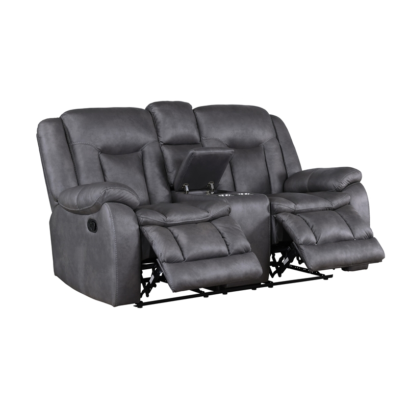 Benjara Olaf Dual Manual Recliner Loveseat- Dark Gray Faux Leather 77 Inch