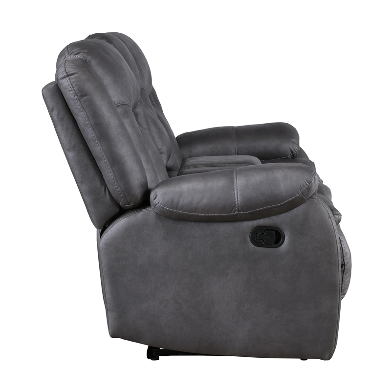 Benjara Olaf Dual Manual Recliner Loveseat- Dark Gray Faux Leather 77 Inch