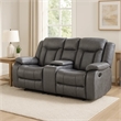 Benjara Olaf Dual Manual Recliner Loveseat- Dark Gray Faux Leather 77 Inch