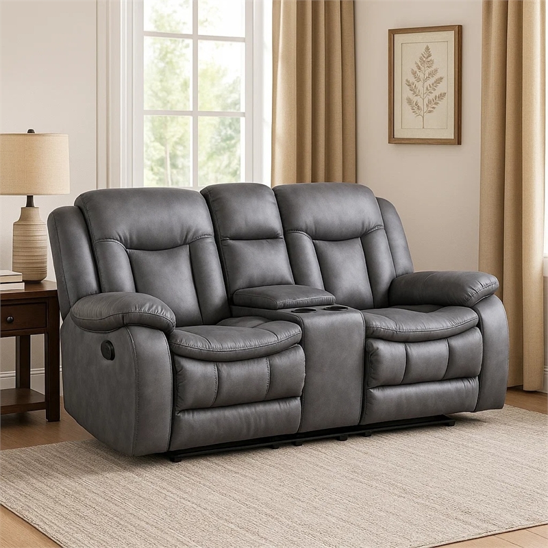 Benjara Olaf Dual Manual Recliner Loveseat- Dark Gray Faux Leather 77 Inch