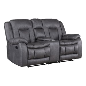Benjara Olaf Dual Manual Recliner Loveseat- Dark Gray Faux Leather 77 Inch