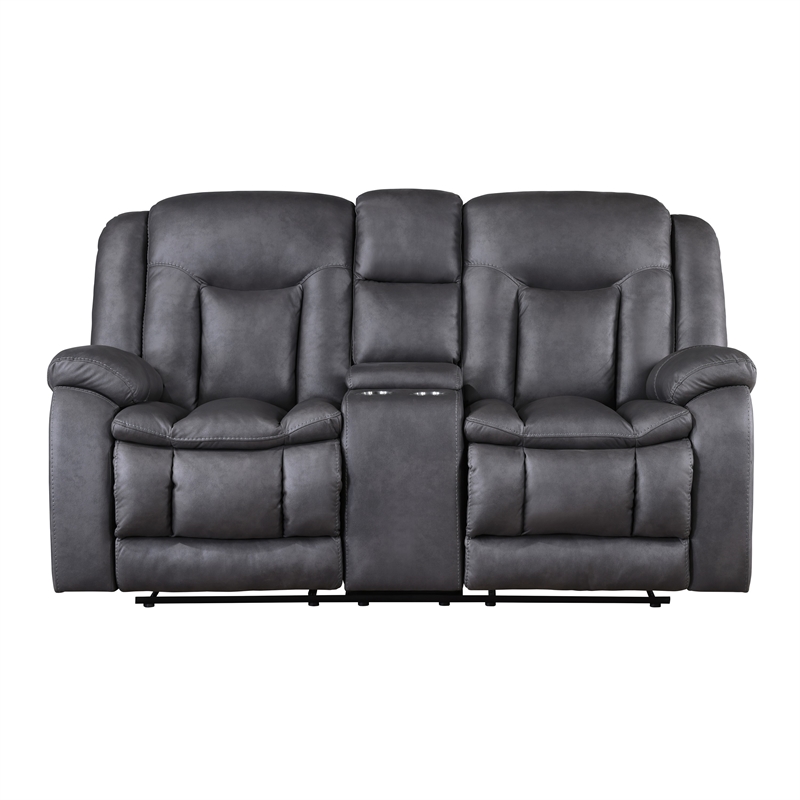 Benjara Olaf Dual Manual Recliner Loveseat- Dark Gray Faux Leather 77 Inch