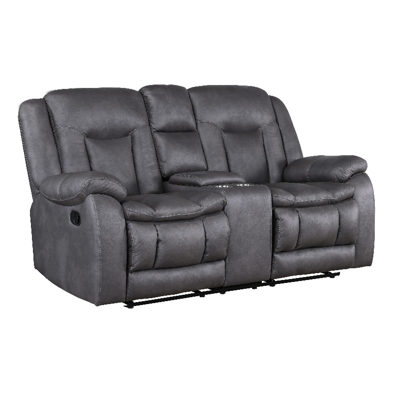 Benjara Olaf Dual Manual Recliner Loveseat- Dark Gray Faux Leather 77 Inch