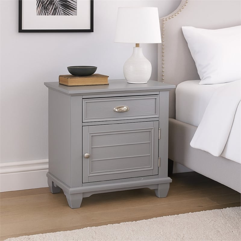 Benjara Limi Nightstand- 1 Drawer- 1 Door Cabinet- Gray Solid Wood- 28 Inch