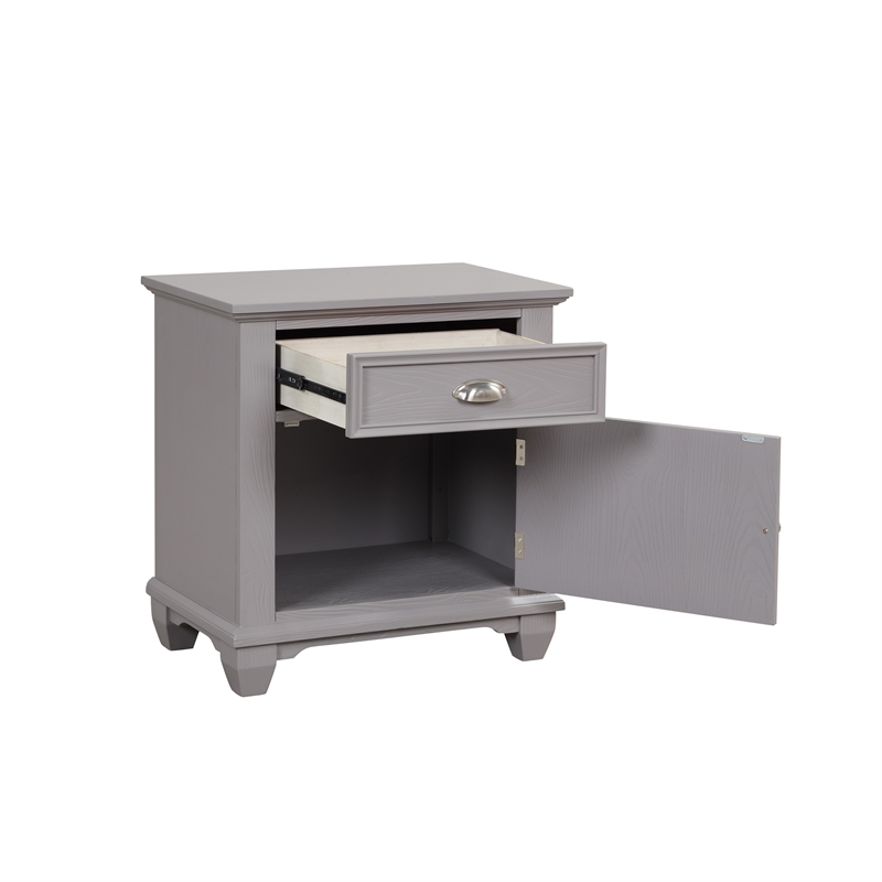 Benjara Limi Nightstand- 1 Drawer- 1 Door Cabinet- Gray Solid Wood- 28 Inch