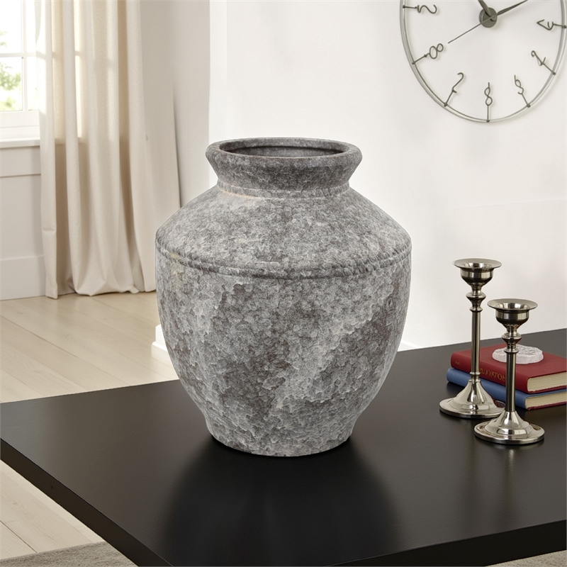 Benjara Accent Vase- Antique Brown Gray Ceramic- Modern Pot Shape- 16 Inch