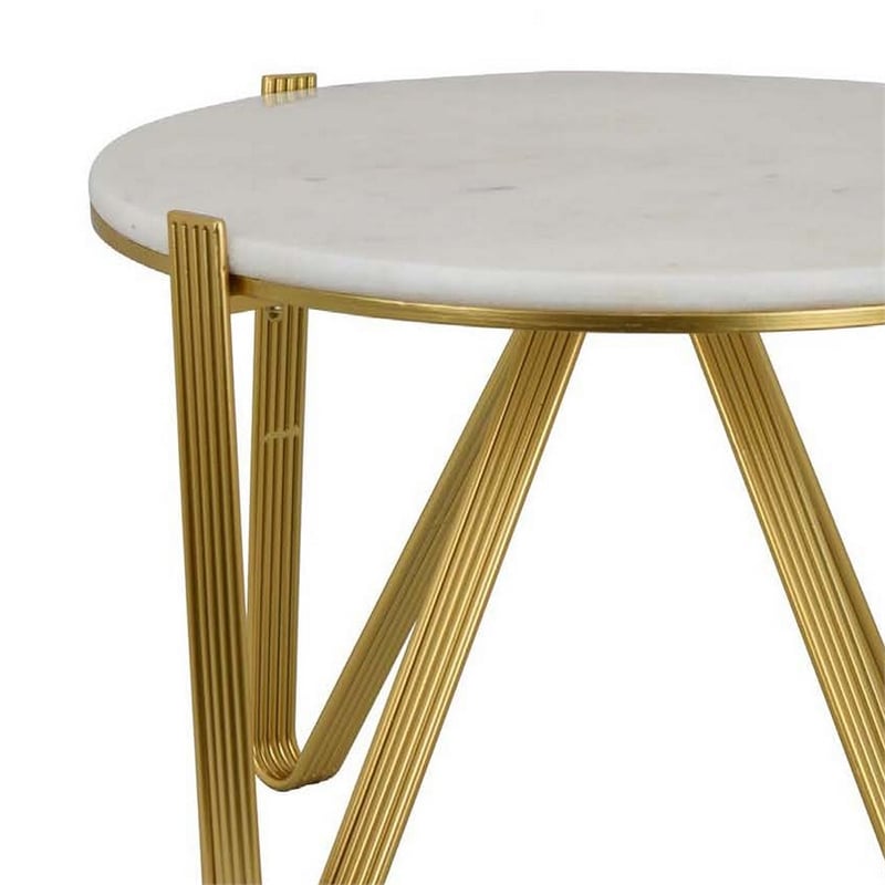 Benjara Glam Plant Stand Table- White Marble- Gold Metal Texture Legs- 25 Inch
