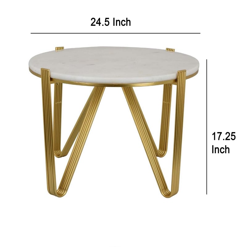 Benjara Glam Plant Stand Table- White Marble- Gold Metal Texture Legs- 25 Inch