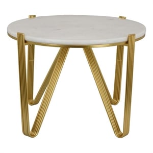 Benjara Glam Plant Stand Table- White Marble- Gold Metal Texture Legs- 25 Inch