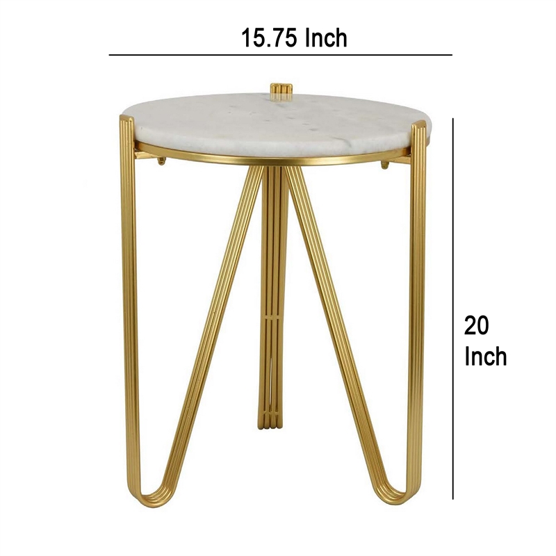 Benjara Glam Plant Stand Table- White Marble- Gold Metal Texture Legs- 20 Inch