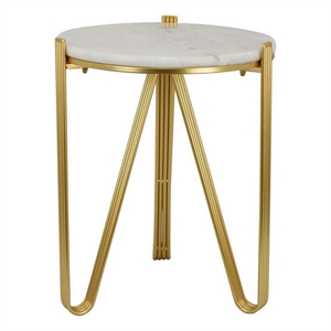 Benjara Glam Plant Stand Table- White Marble- Gold Metal Texture Legs- 20 Inch