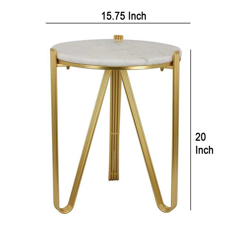 Benjara Glam Plant Stand Table- White Marble- Gold Metal Texture Legs- 20 Inch