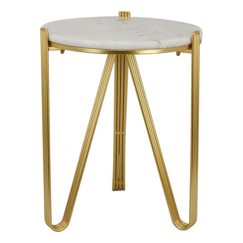 Benjara Glam Plant Stand Table- White Marble- Gold Metal Texture Legs- 20 Inch