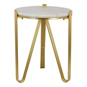 Benjara Glam Plant Stand Table- White Marble- Gold Metal Texture Legs- 20 Inch