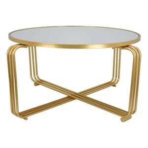 Benjara Plant Stand Coffee Table- 37&quot Round Mirror Top- Modern Gold Metal