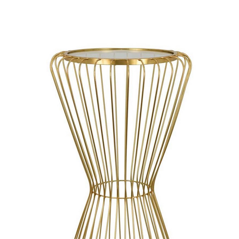 Benjara Kane Plant Stand Table- Mirrored- Hourglass Gold Metal Frame- 30 Inch