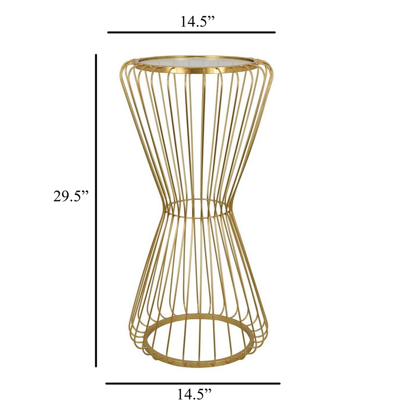 Benjara Kane Plant Stand Table- Mirrored- Hourglass Gold Metal Frame- 30 Inch