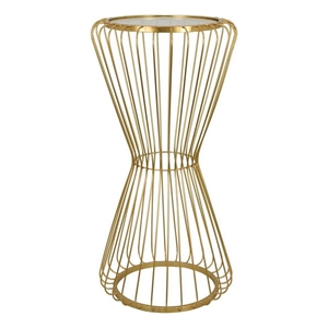Benjara Kane Plant Stand Table- Mirrored- Hourglass Gold Metal Frame- 30 Inch