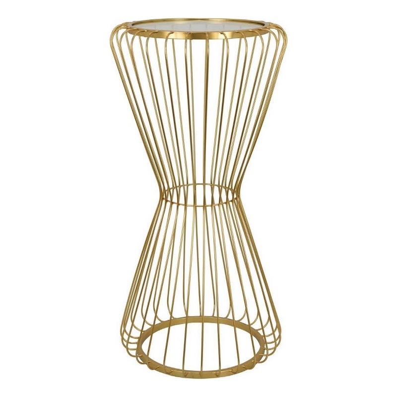 Benjara Kane Plant Stand Table- Mirrored- Hourglass Gold Metal Frame- 30 Inch
